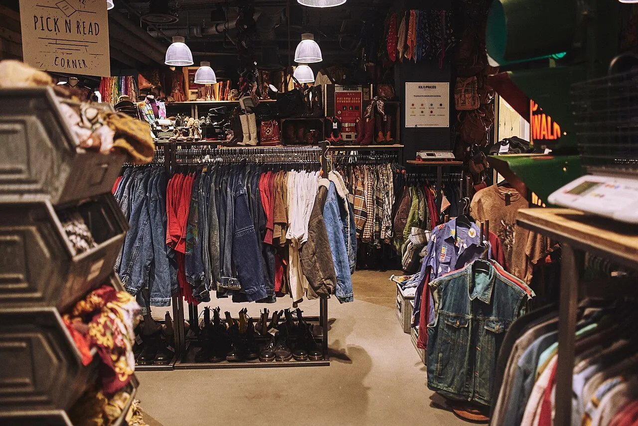 Vintage clothing shop with rails of denim and jackets