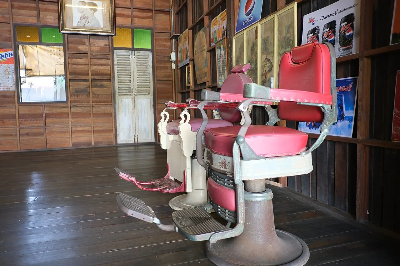 Row of vintage barber chairs in an old barbershop