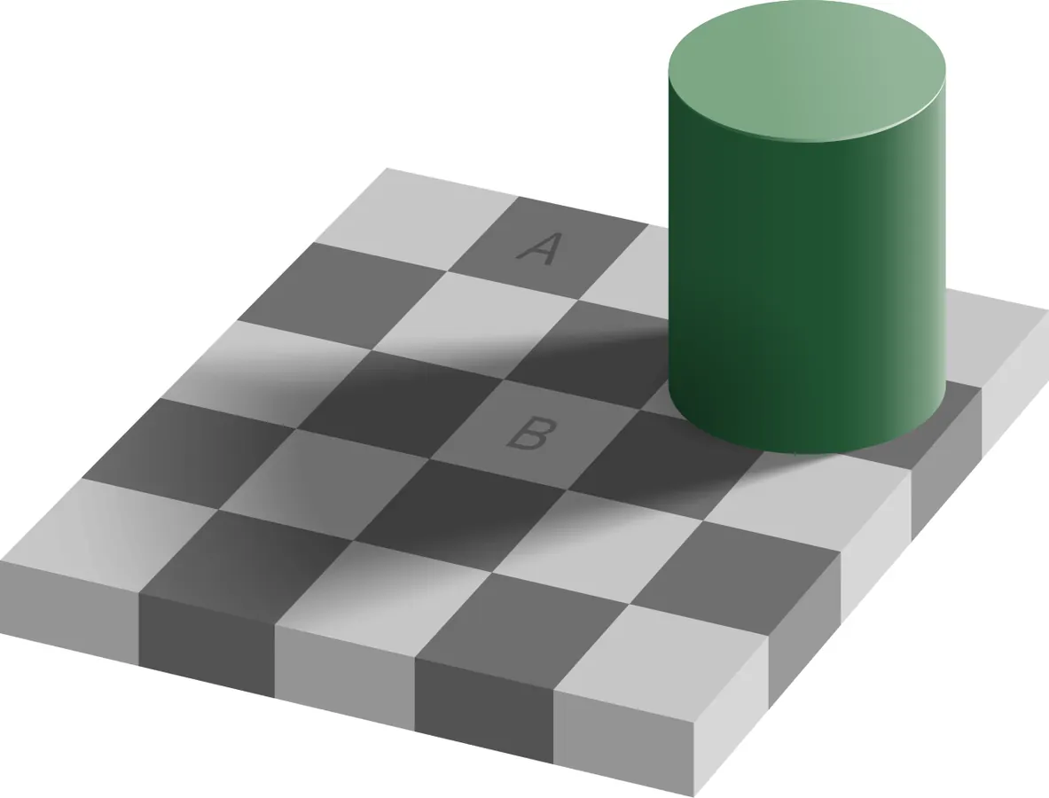 Checker shadow illusion: two squares of the same grey that look different