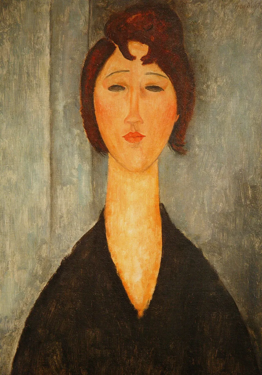 Modigliani portrait of a young woman with an elongated face and hair pinned up