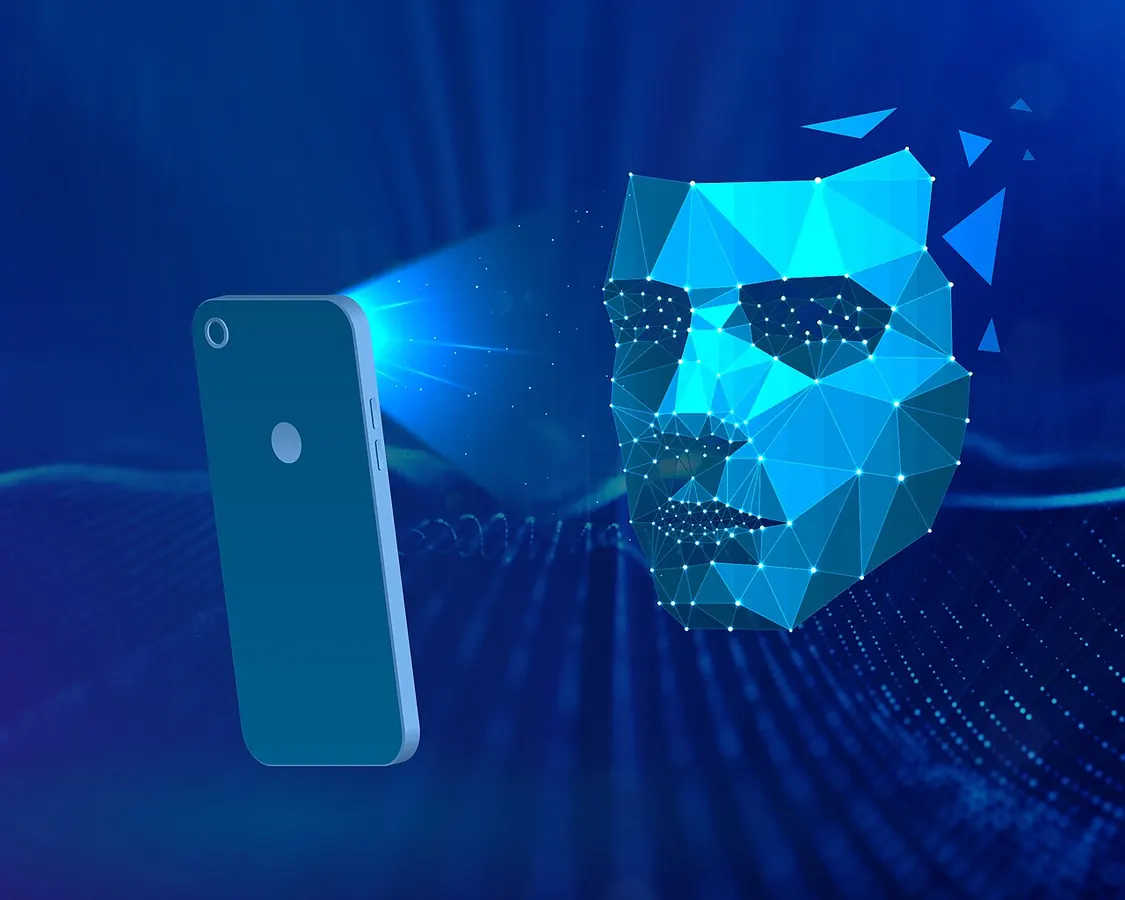 Illustration of a phone projecting a 3D face mesh
