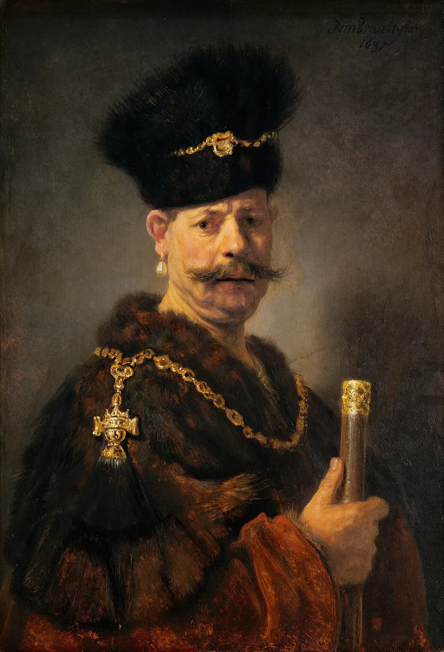 Rembrandt's portrait of a nobleman in a fur hat with a moustache