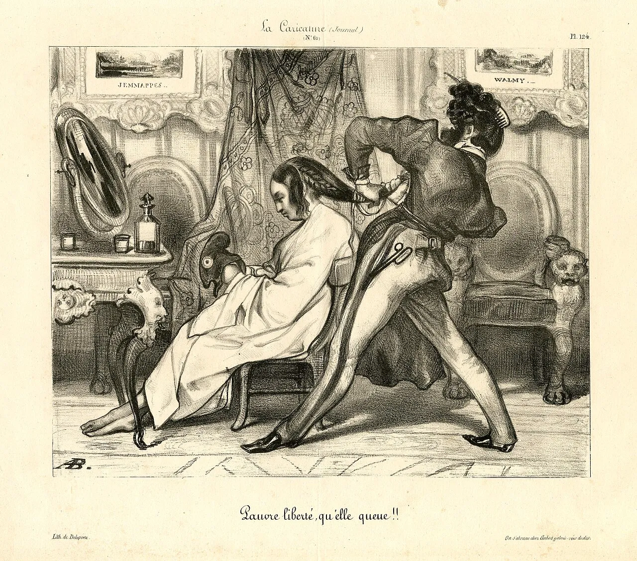 19th-century lithograph of a hairdresser styling a client's hair