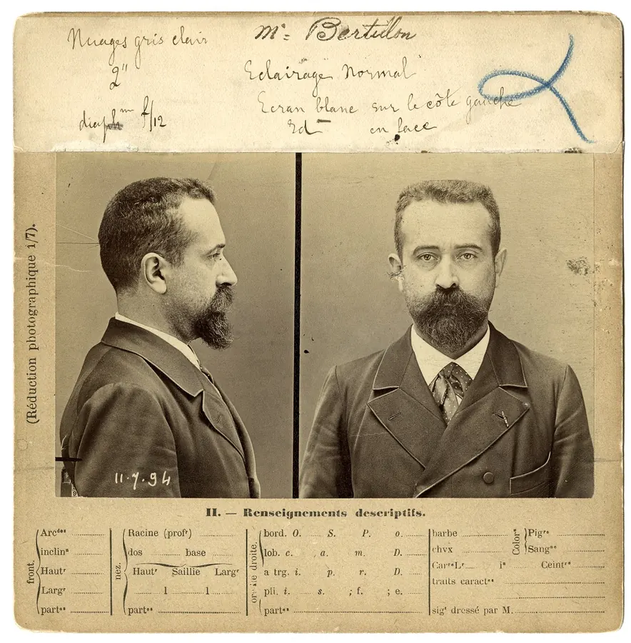 Alphonse Bertillon's own 1891 identification card with front and profile photos