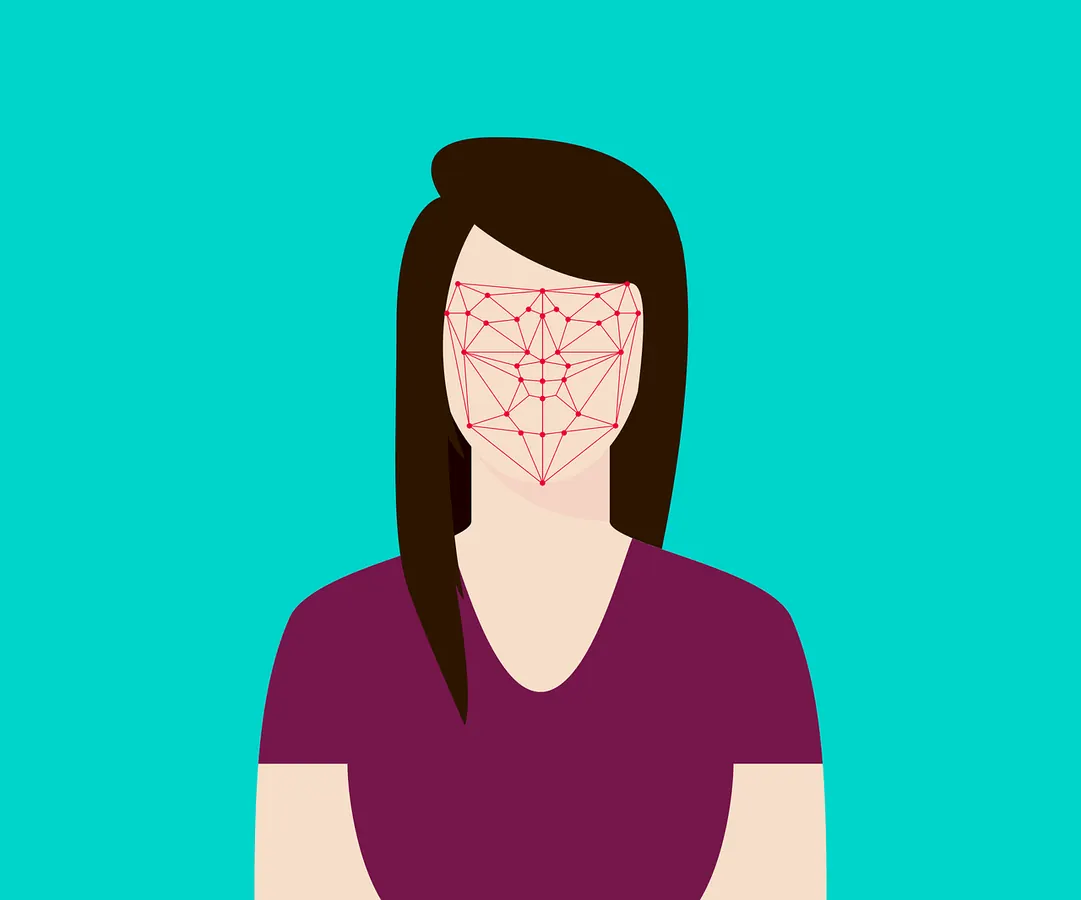 Illustration of a face scanned with a mesh of facial recognition points
