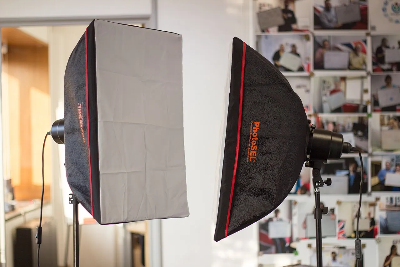 Two softbox lights in a photo studio
