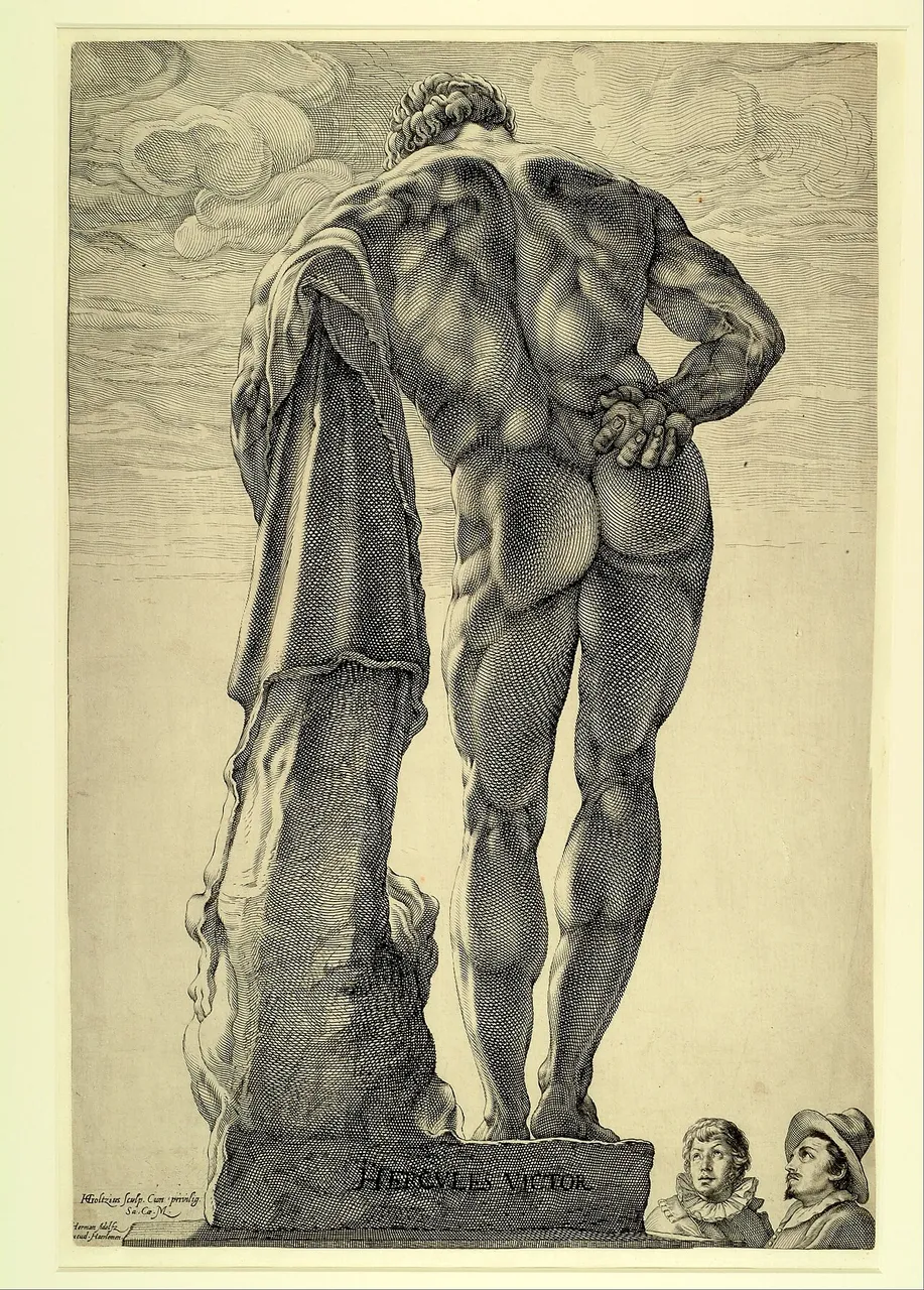 Engraving of the Farnese Hercules from behind, showing broad shoulders and a narrow waist