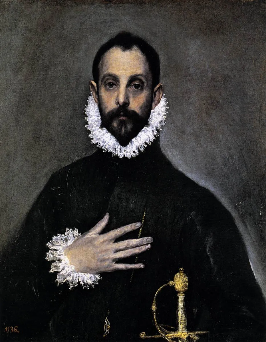 El Greco's portrait of a nobleman with his hand on his chest, showing a long, narrow face
