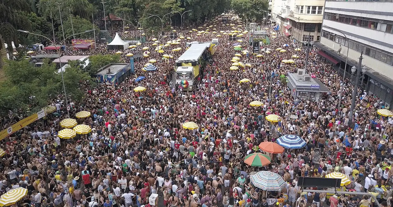 Aerial view of a large crowd filling a city street