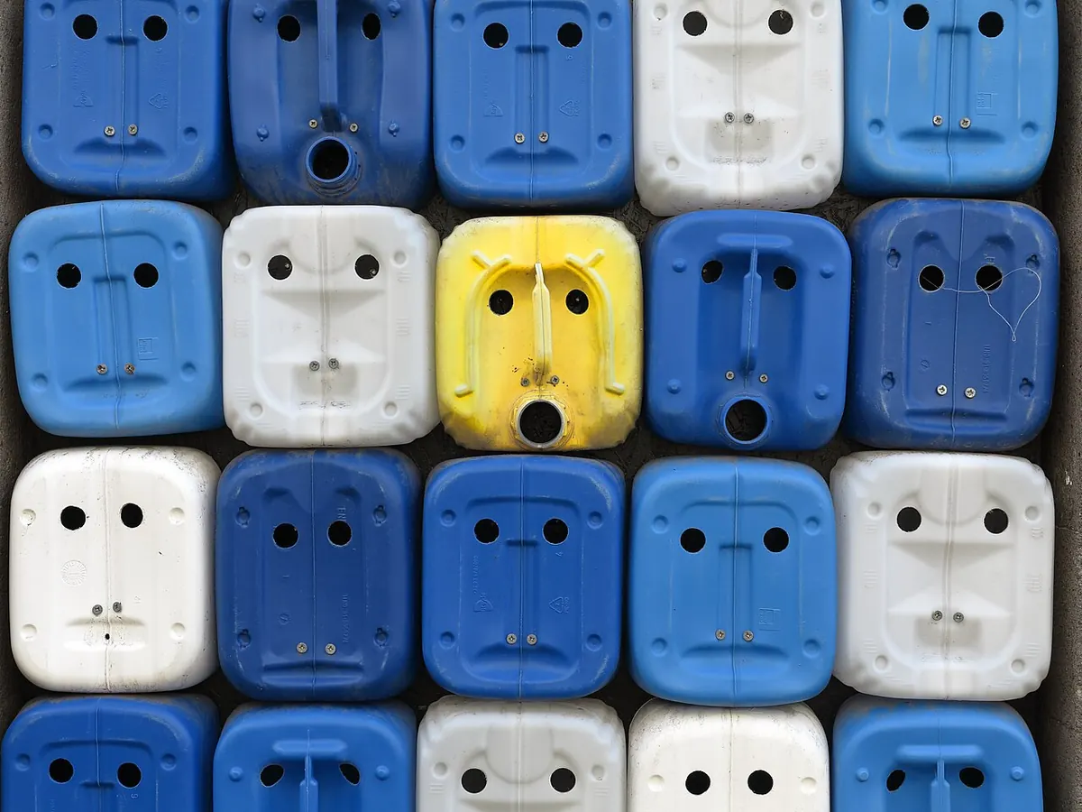 Plastic water canisters whose caps and handles look like faces