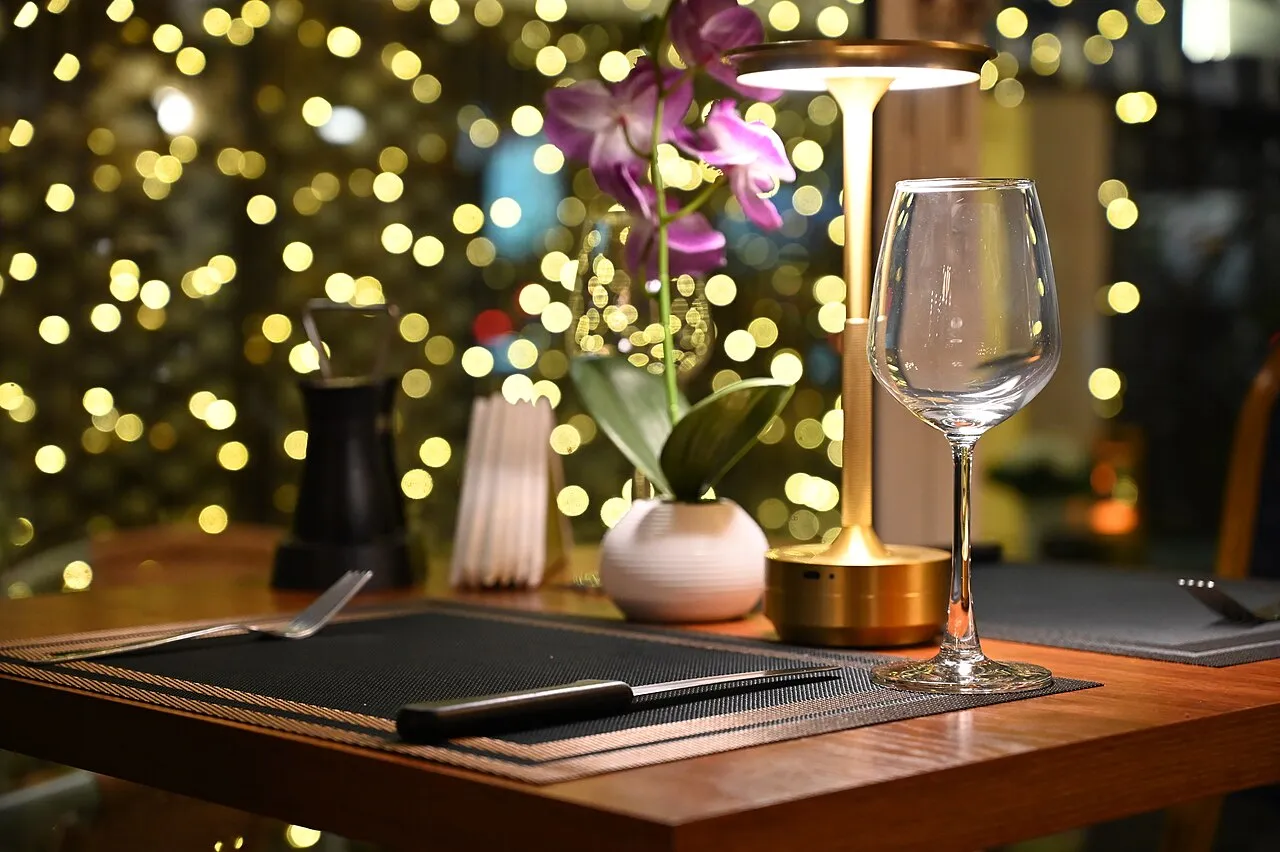 Restaurant table for two with a candle and wine glasses